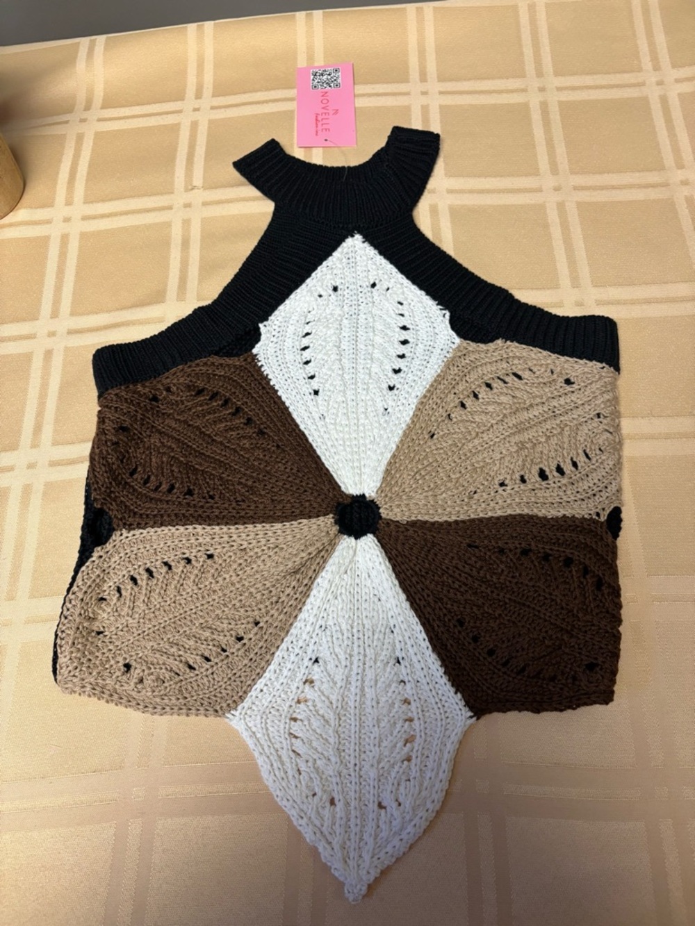 Novelle Knit Chevron Colorblock Halter Sweater - Black, White & Brown